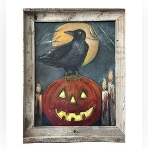 OIL PAINTING RECLAIMED BARN WOOD Signed Crow Pumpkin Art Painting Fall Holidays